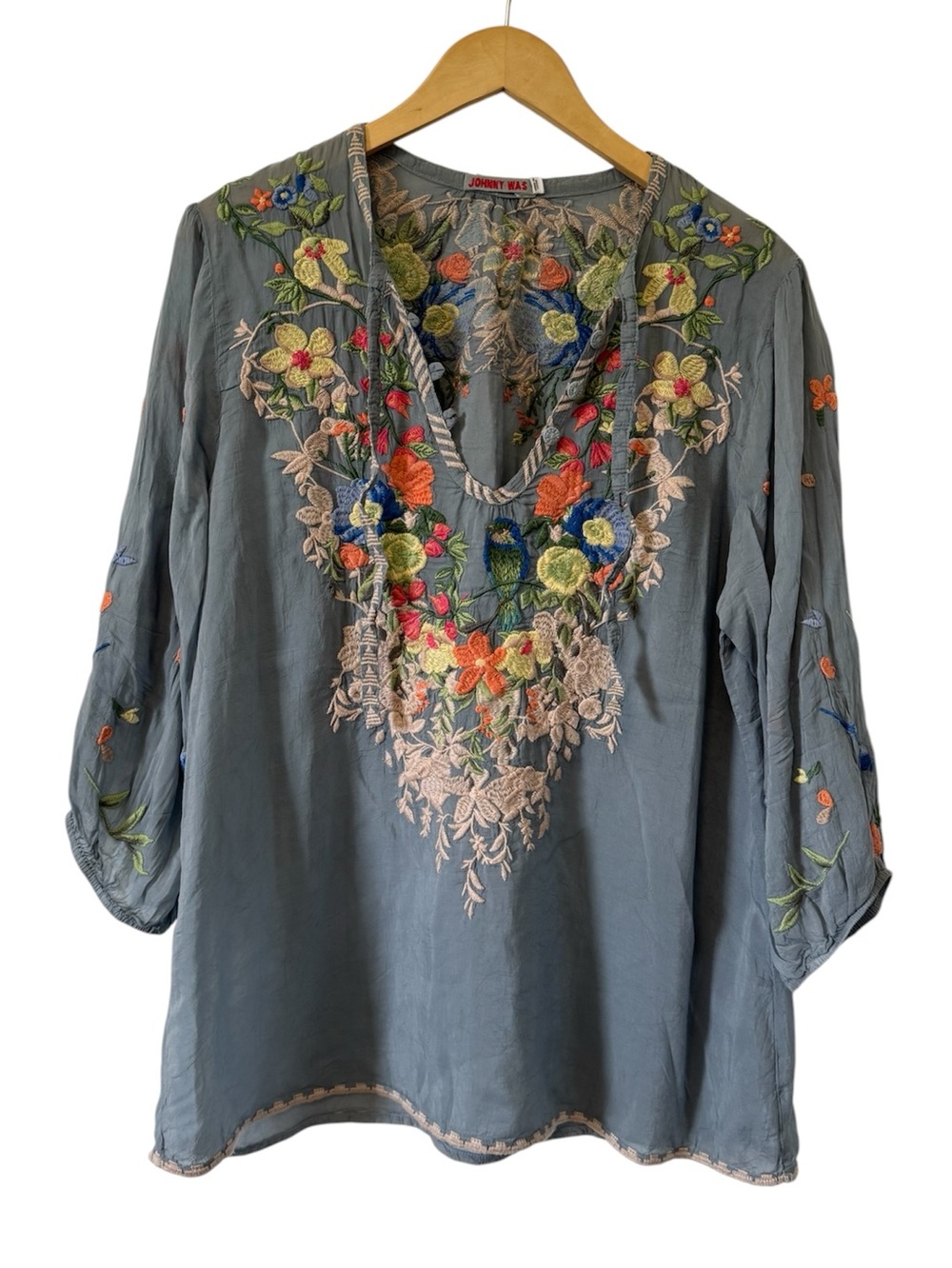 Johnny Was Taifa Blouse Blue Embroidered Bird Floral Peasant Boho Large Coastal - Picture 4 of 14